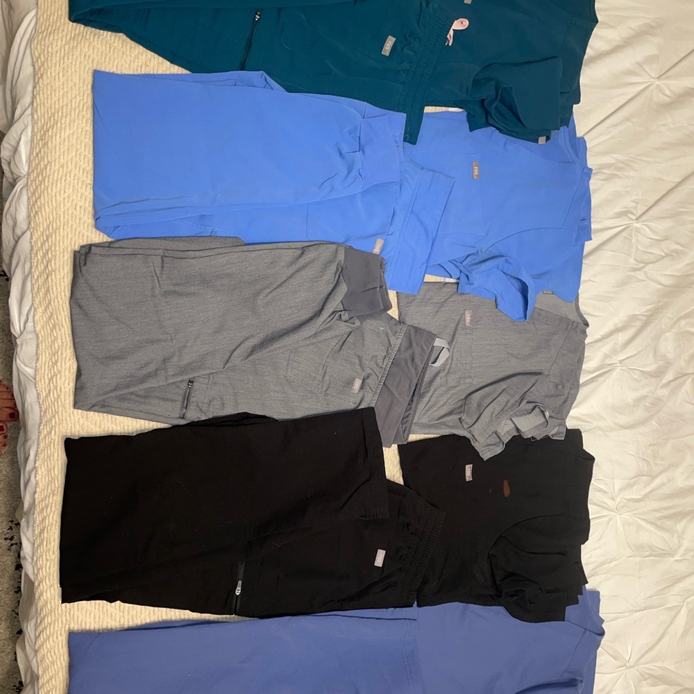 FIGS scrub sets; all are M tops, M Tall pants except dusty blue; M top, LT pant